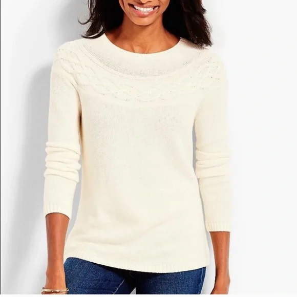 Talbots Cashmere blend 3/4 sleeve Cream Cable Knit Pullover MP - Picture 1 of 7